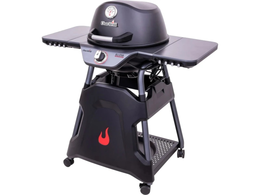 Schwarzer Grill mit Seitenablagen und Rädern, Char-Broil All-Star.