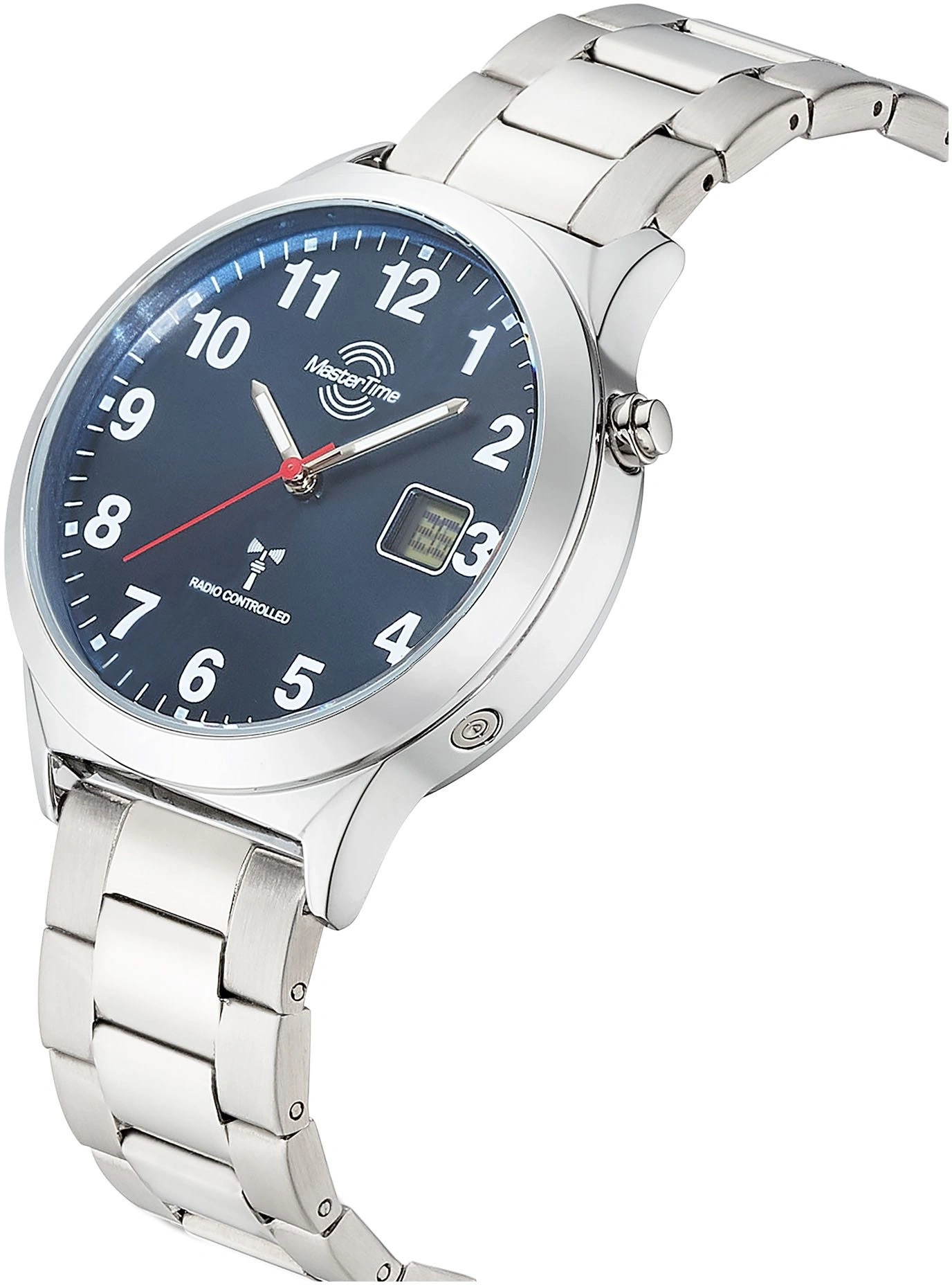 Ein silbernes Armbanduhr mit blauem Zifferblatt und
Funksteuerung