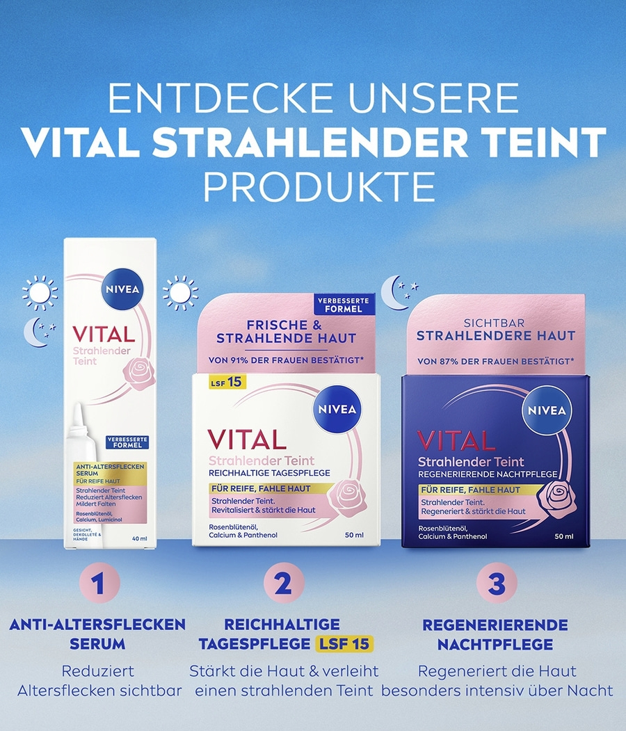 Nivea Vital Strahlender Teint Produkte: Anti-Altersflecken Serum, Tagespflege LSF 15 und Nachtpflege.
