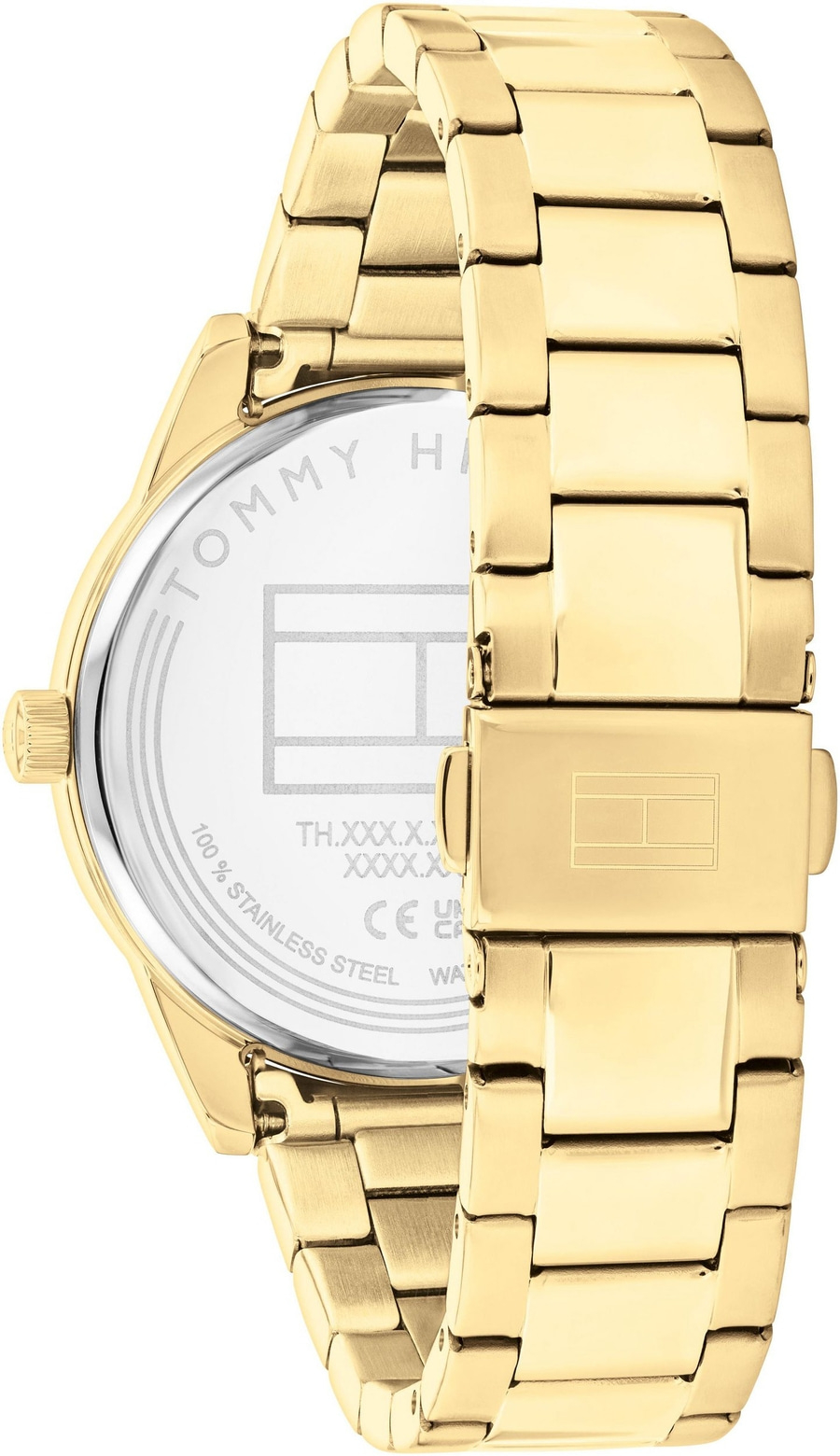 Eine goldene Tommy Hilfiger-Uhr mit einem
Edelstahlarmband. Die Uhr ist
auf weißem Hintergrund isoliert.