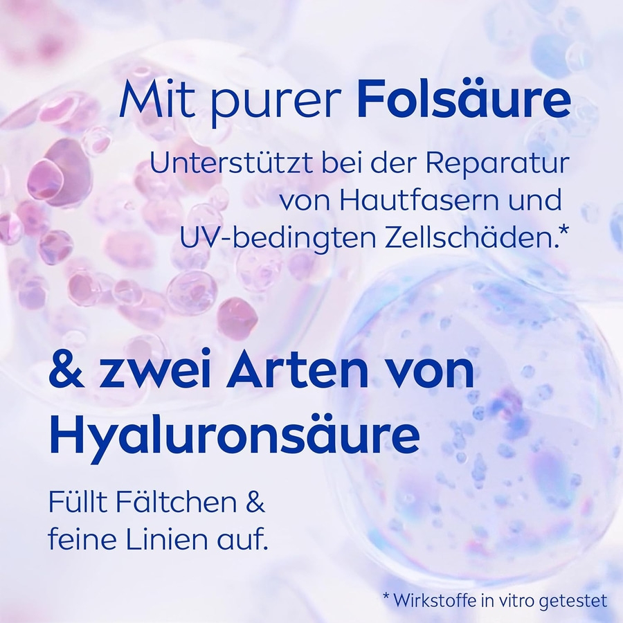 Produkt mit Folsäure und Hyaluronsäure, repariert Hautfasern und reduziert Zellschäden.