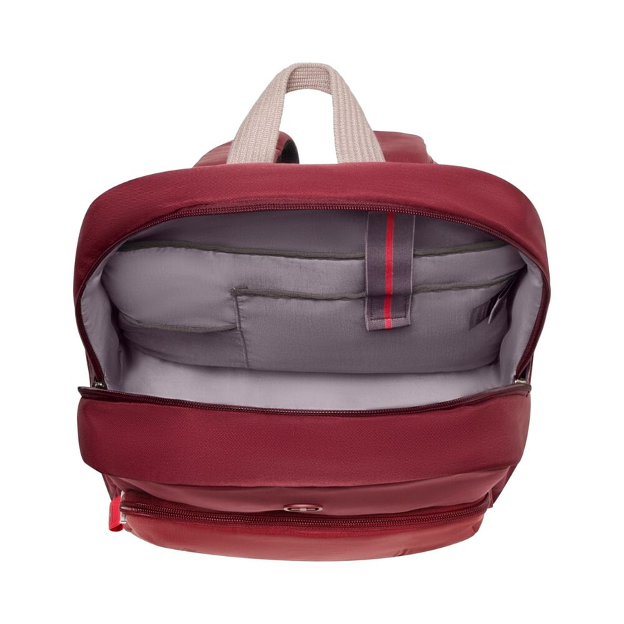 Offener roter Rucksack mit grauem Innenraum und Tragegriff
