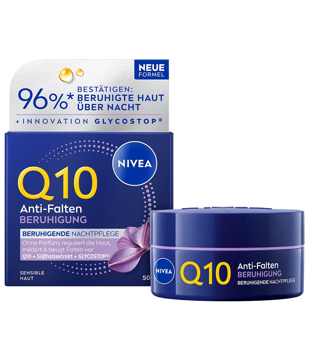 NIVEA Q10 Beruhigende Nachtpflege gegen Falten für sensible Haut.