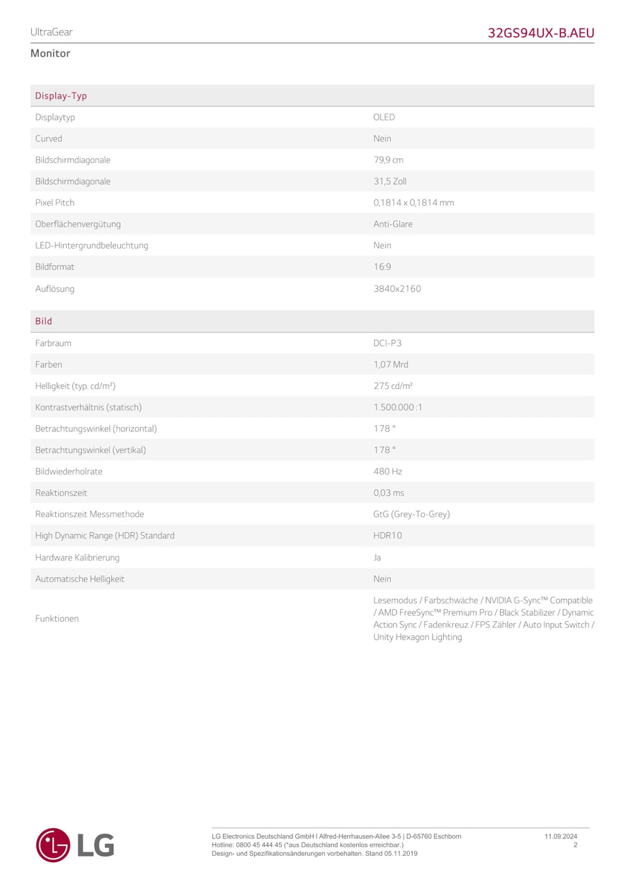 Monitor-Spezifikationen: OLED, 79,9 cm Bildschirmdiagonale, HDR10, 480 Hz Bildwiederholrate.