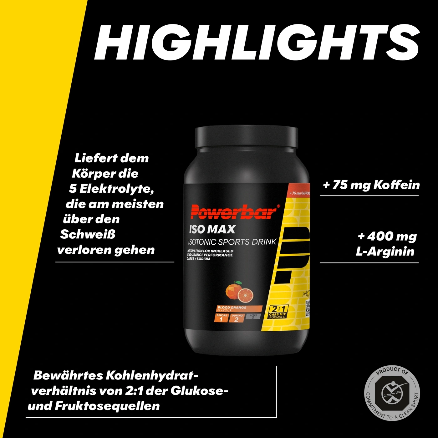 Powerbar ISO MAX Isotonic Sports Drink mit Koffein und L-Arginin.