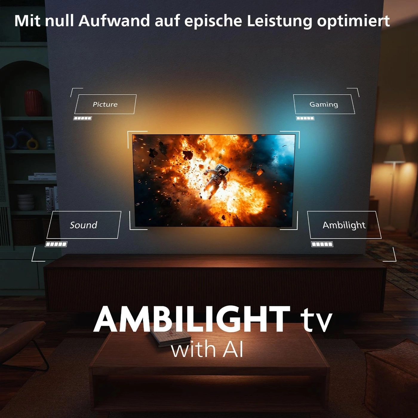 Ein Ambilight TV mit KI für optimiertes Bild, Sound und Gaming Erlebnis.