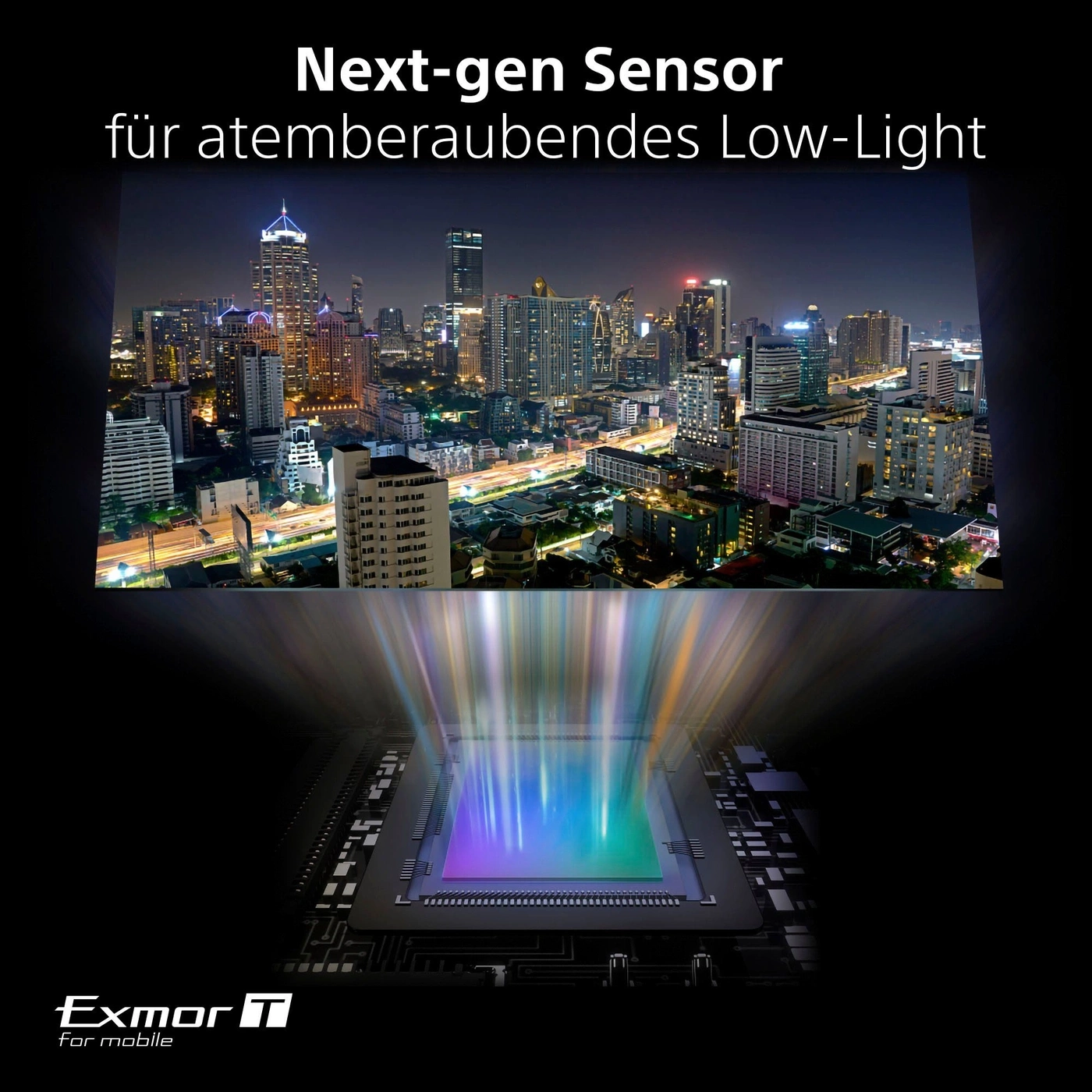 Nachtaufnahme einer Stadt mit einem Sensor, der Low-Light-Fotografie ermöglicht.