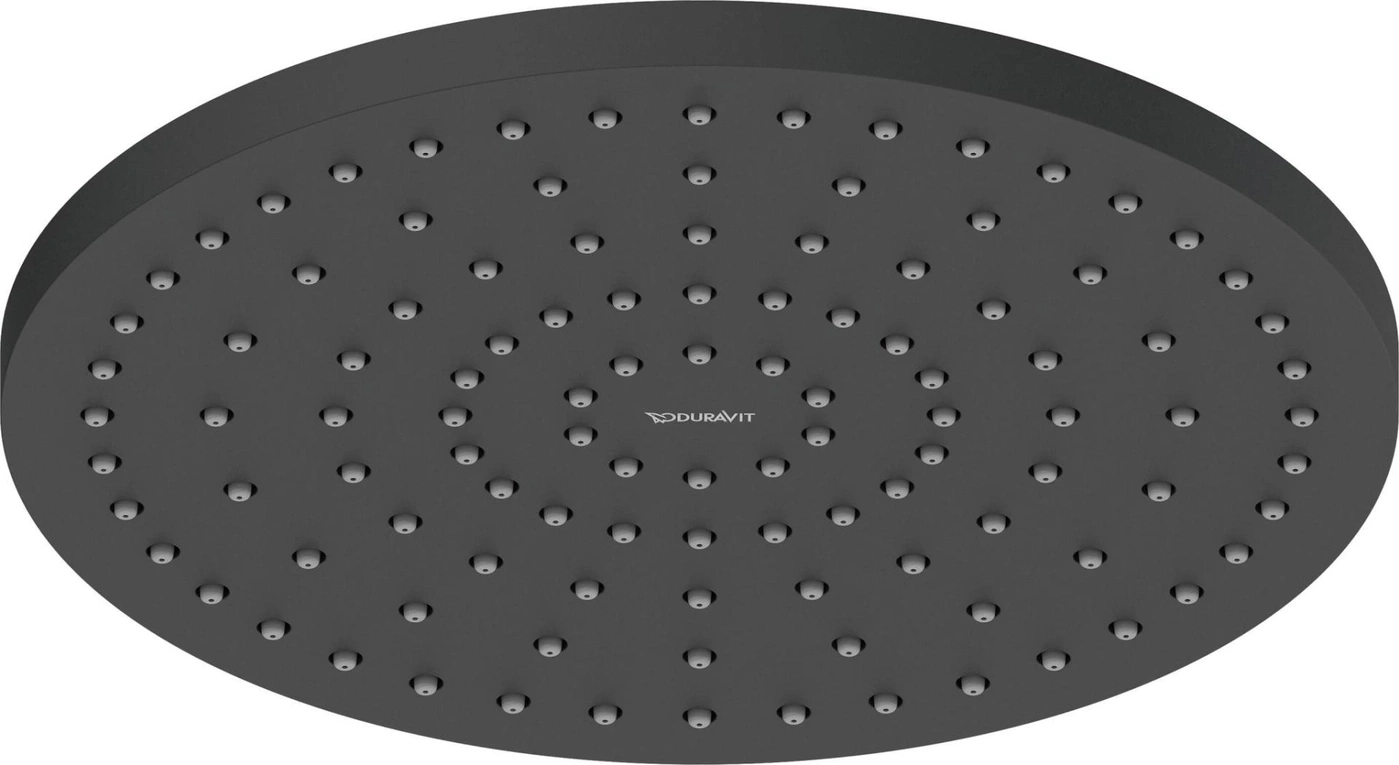 Schwarzer Duschkopf mit vielen kleinen Düsen und Duravit-Logo.
