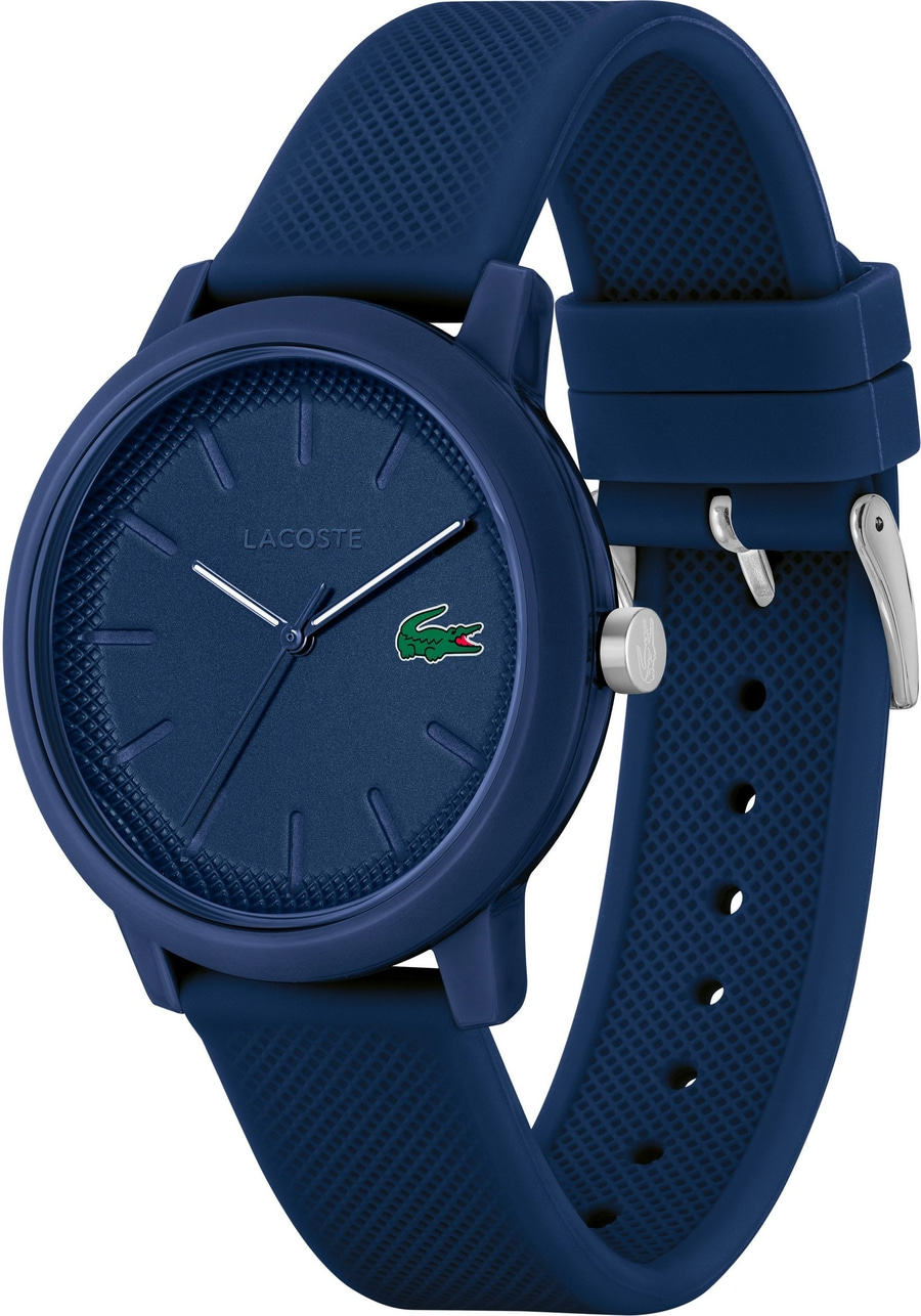 Dunkelblaue Lacoste-Armbanduhr mit Krokodil-Logo und silberner Schnalle.