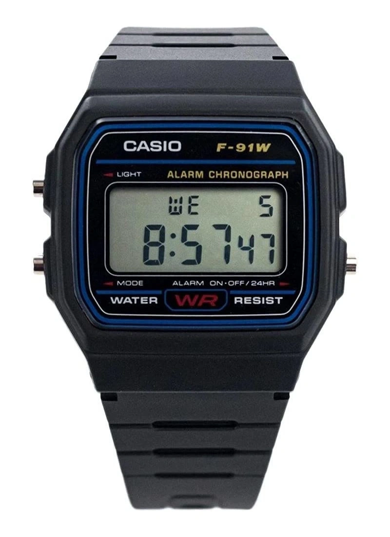 Casio F-91W Digitaluhr, schwarzes Gehäuse, blaue Akzente, Anzeige von Zeit und Wochentag