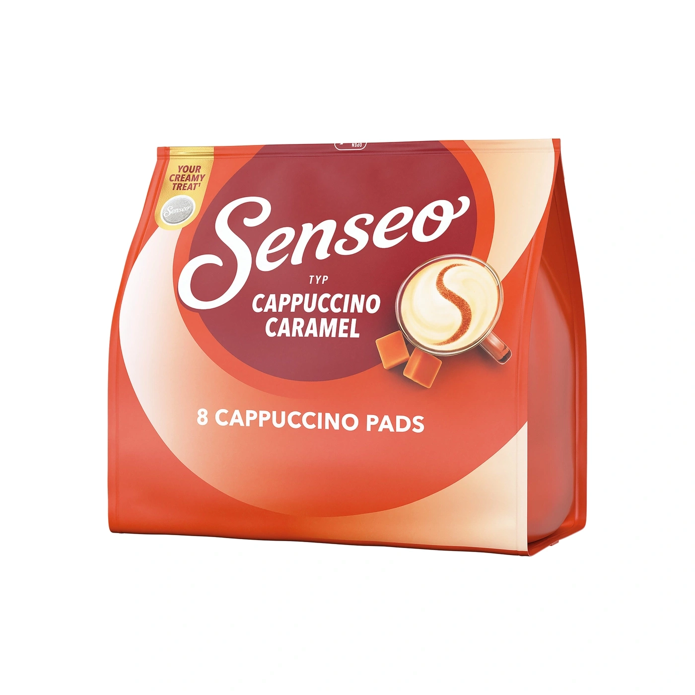 Senseo Cappuccino Caramel Kaffeepads Verpackung mit 8 Stück, ein cremiger Genuss