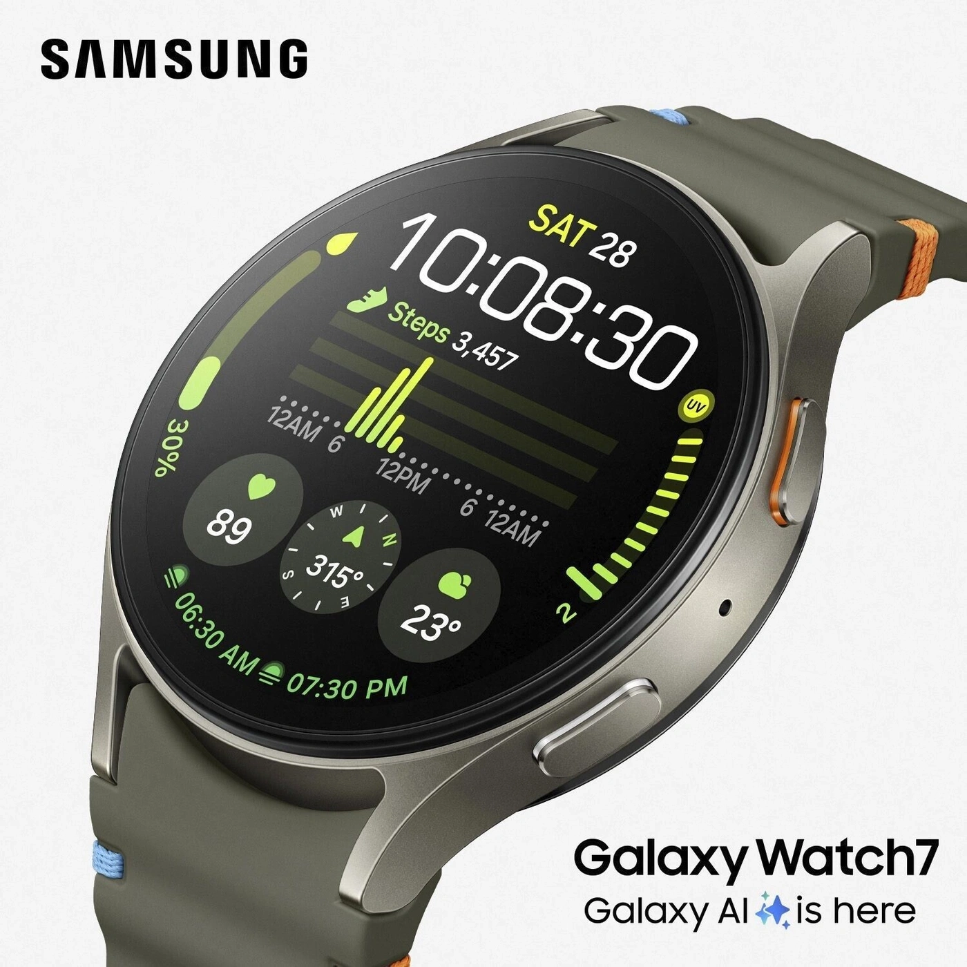 Samsung Galaxy Watch 7 mit Galaxy AI ist hier, zeigt Uhrzeit, Datum, Schritte, UV-Index und Wetter.
