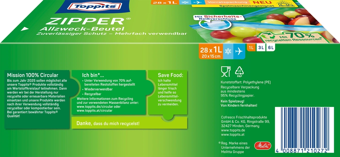 Toppits Zipper Allzweck-Beutel, recycelbar, wiederverwendbar, 70% recycelte Ressourcen, 28x1L, 20x15cm