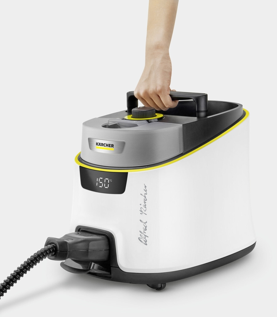 Dampfreiniger, weiß, mit gelben Akzenten, Kärcher, Hand, Griff, Temperaturanzeige, Stecker