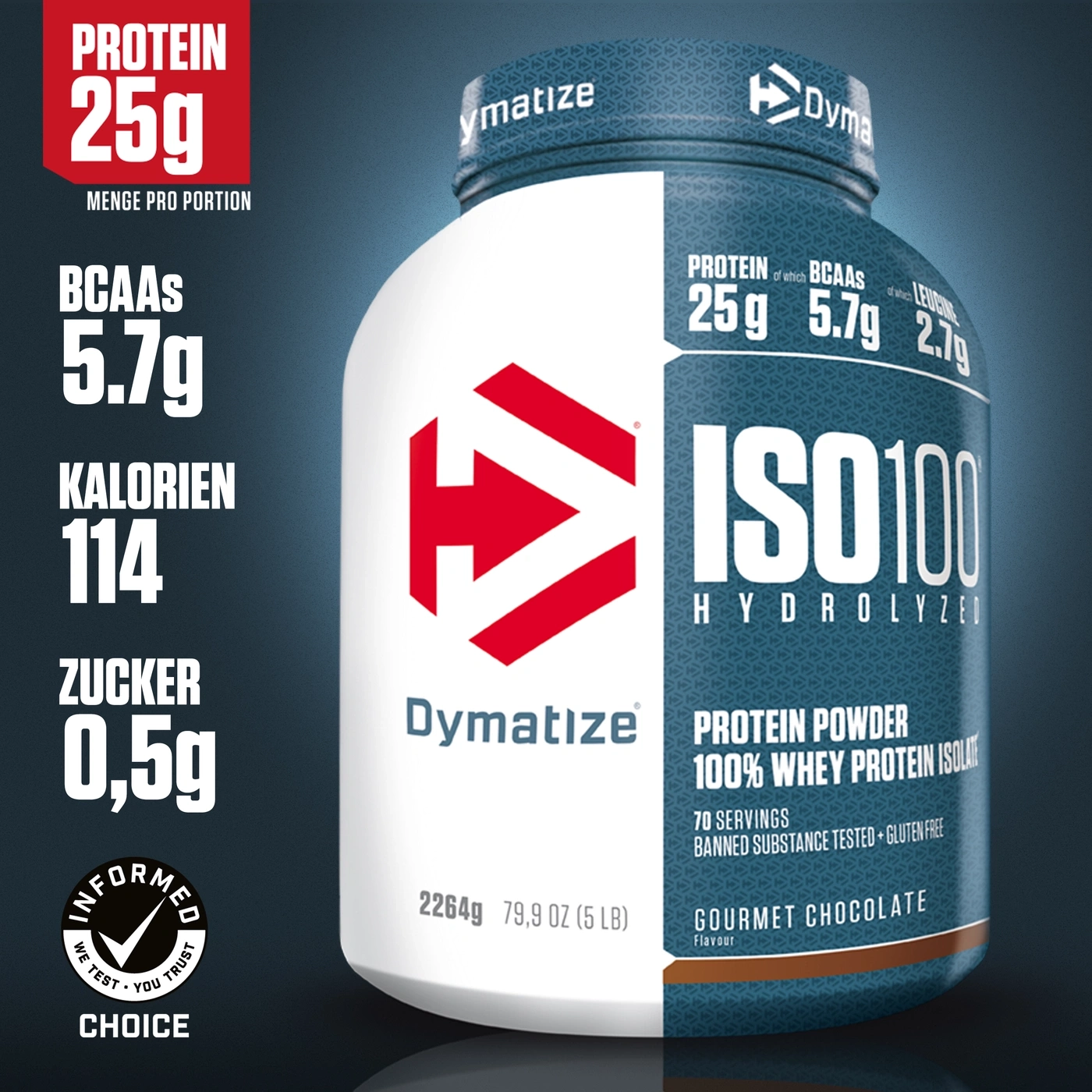 Dymatize ISO100 Protein-Pulver, 25g Protein, 5.7g BCAAs, 0.5g Zucker, Gourmet Chocolate