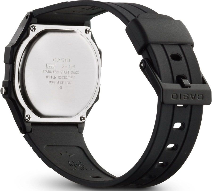 Schwarze Casio-Uhr mit Edelstahlrückseite und Wasserbeständigkeit, hergestellt in Thailand.