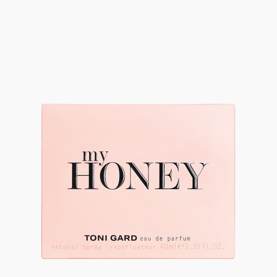Rosa Parfum-Schachtel mit Aufschrift 'my HONEY' und 'TONI GARD eau de parfum'