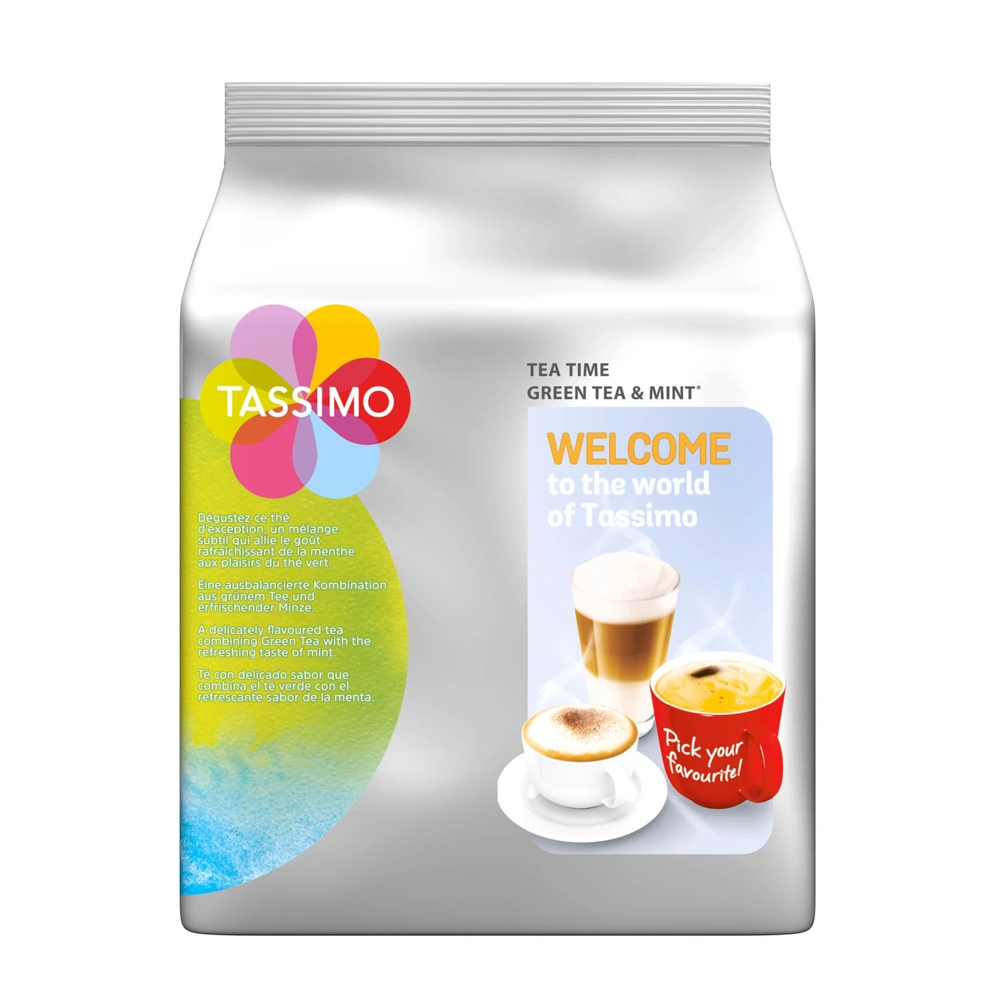 Tassimo Tee-Packung mit Willkommensbotschaft und Getränkeabbildungen