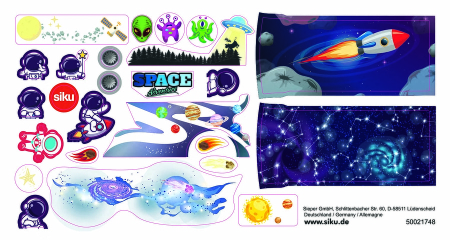 Weltraum-Abenteuer-Aufkleber mit Astronauten, Raketen und Planeten. Siku-Logo.