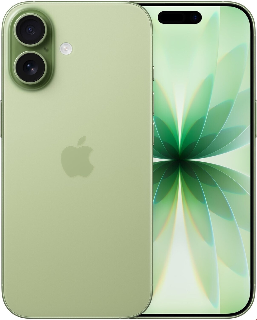 Grünes Apple iPhone mit zwei Kameras und floralem Hintergrundbild.