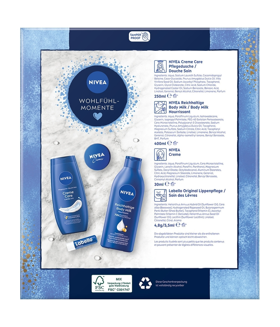 NIVEA Wohlfühl-Momente Geschenkset, Creme Body Milk Pflegedusche Labello