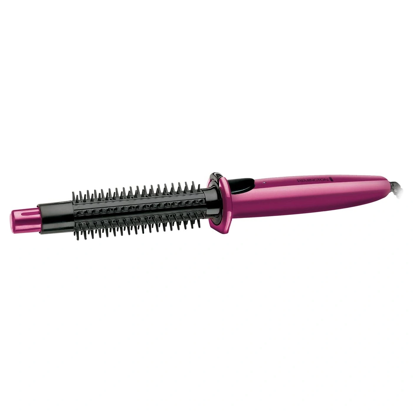 Ein pinker Remington Lockenstab mit Bürstenaufsatz auf weißem Hintergrund.