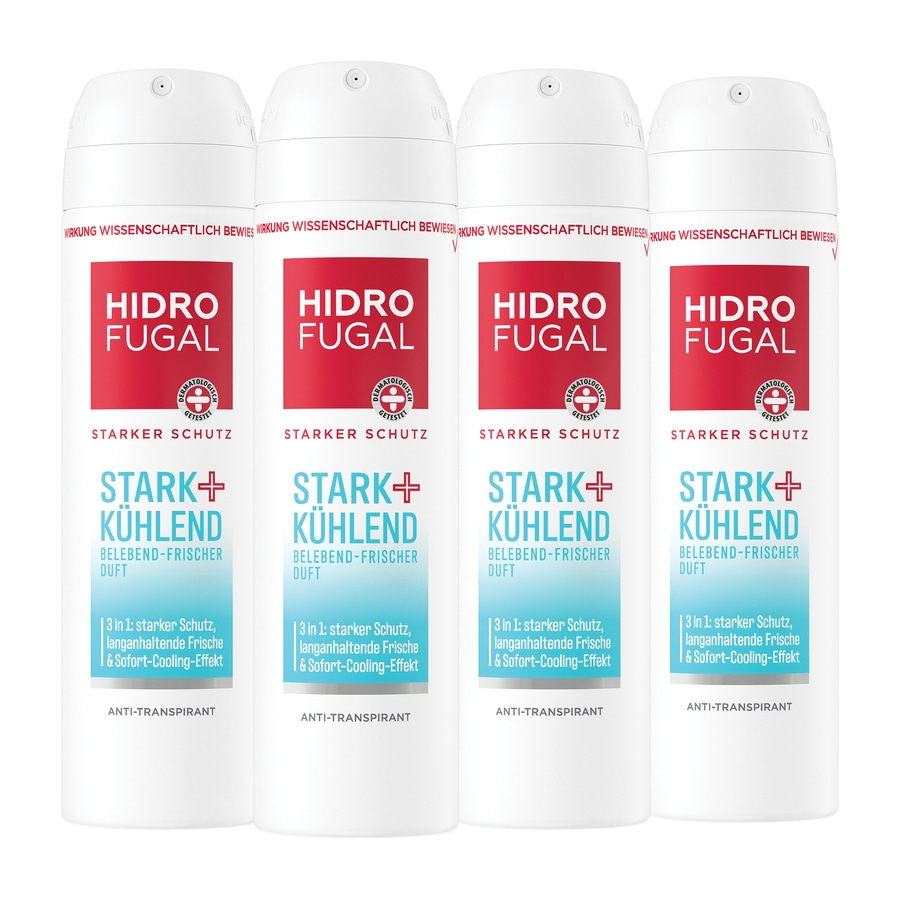 Vier Hidro Fugal Deos mit starkem Schutz, kühlend, belebend-frischer Duft, Anti-Transpirant.