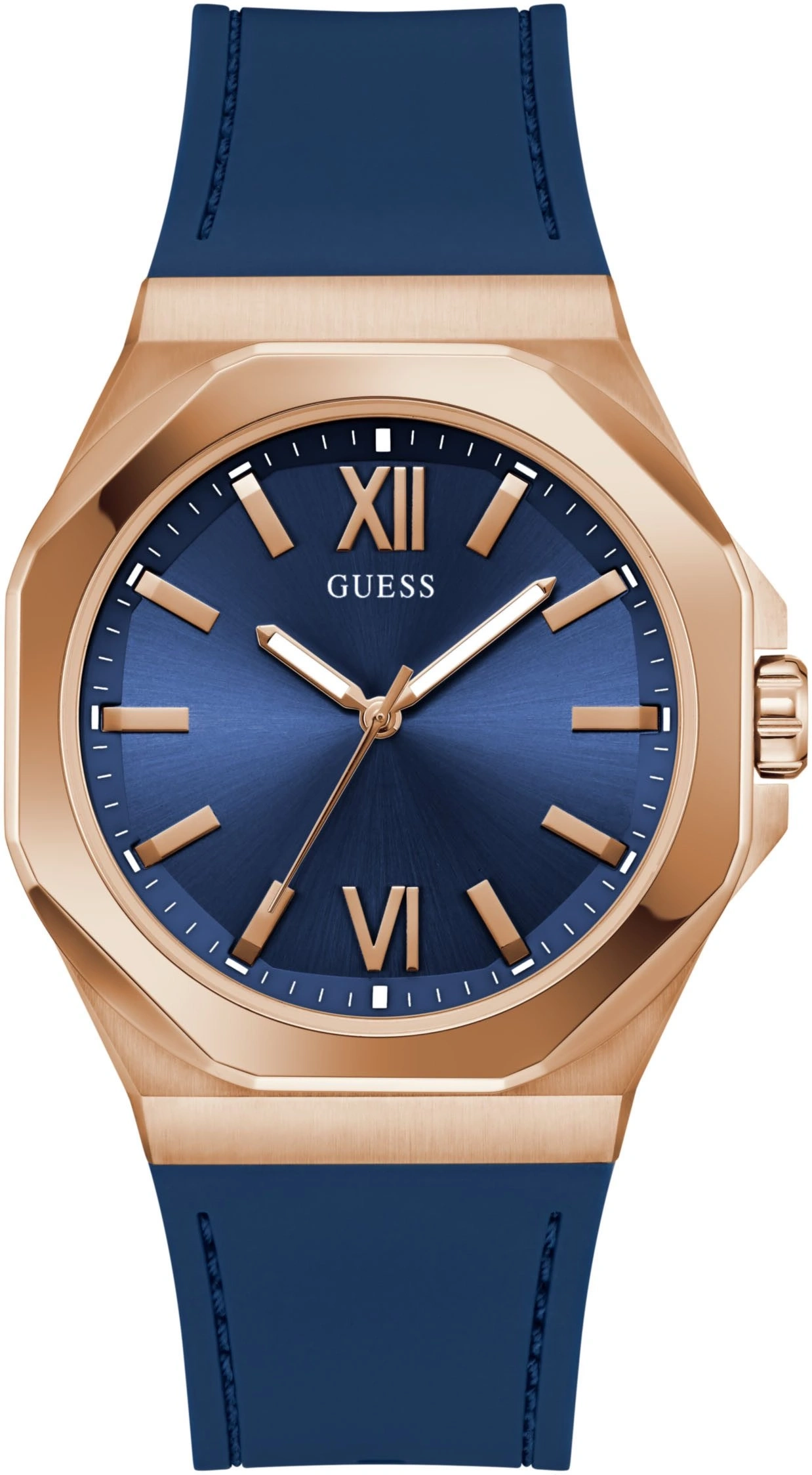 Ein moderner Roségold-Herrenuhr mit blauem Zifferblatt und blauem Armband