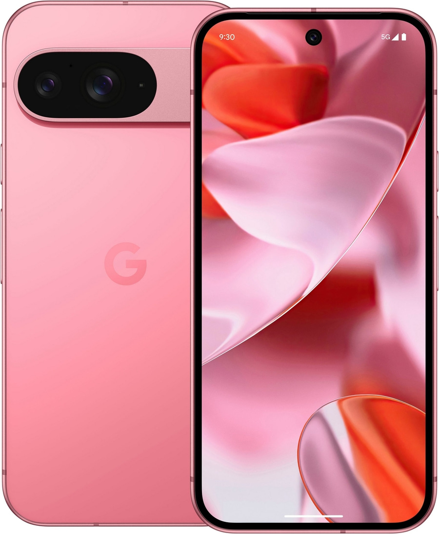 Ein rosafarbener Google Pixel mit Kamera und "G"-Logo auf der Rückseite.