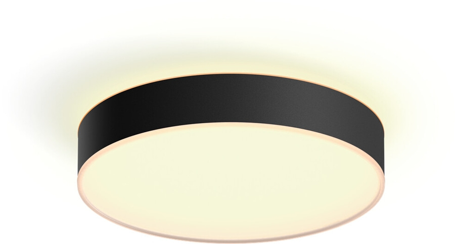 Schwarze Deckenleuchte mit hellem Licht, rundes Design, modernes Aussehen.