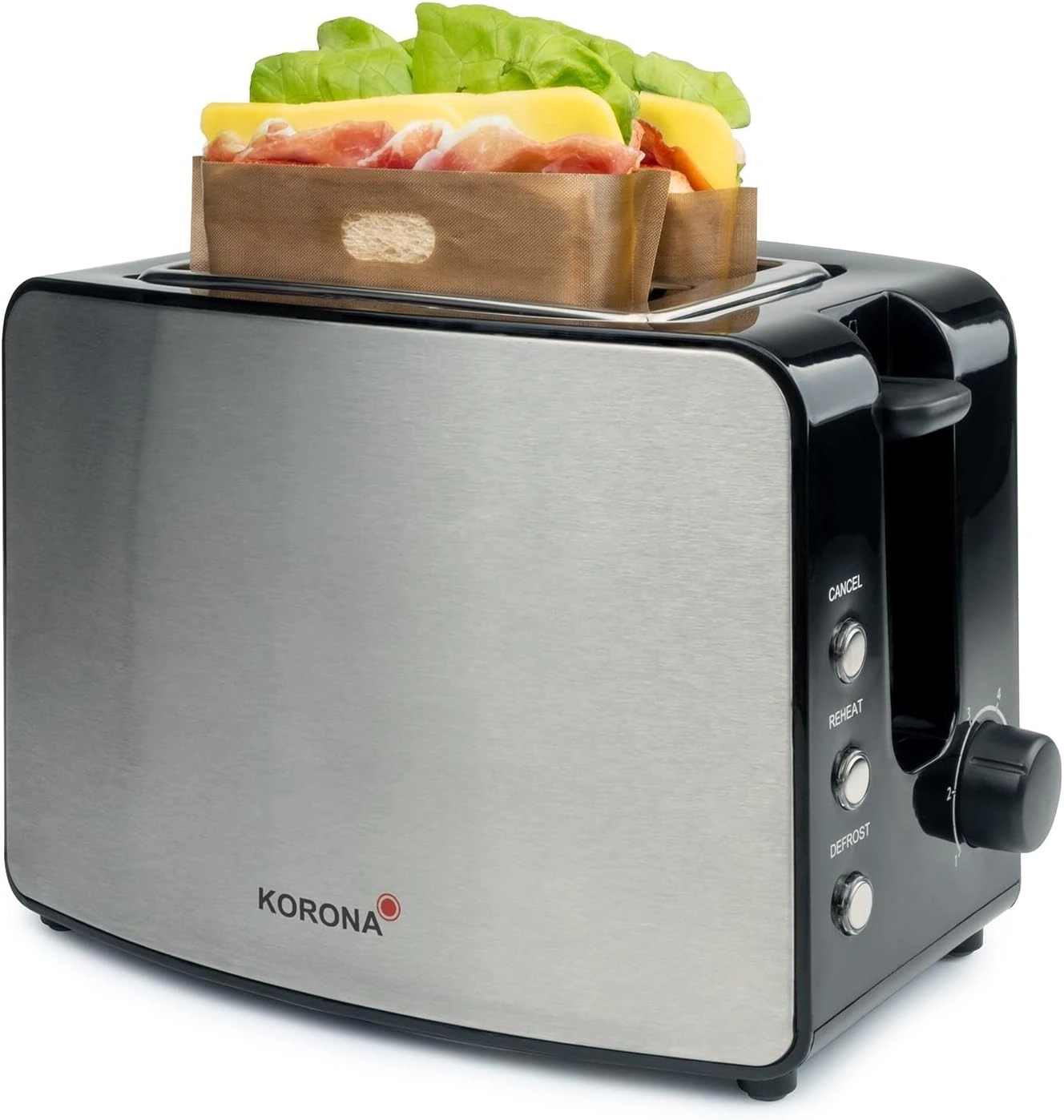 Toaster mit Sandwich, Käse und Salat. Marke Korona. Schwarz und Silber.