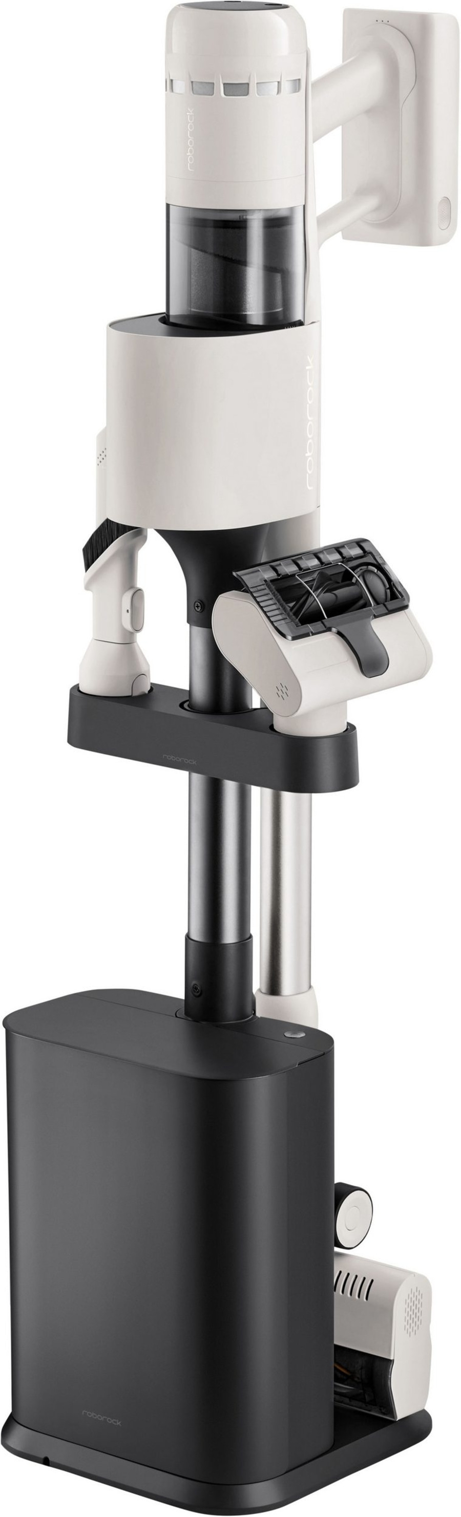 Roborock Staubsauger mit Ladestation und Zubehörhalterung auf weißem Hintergrund.