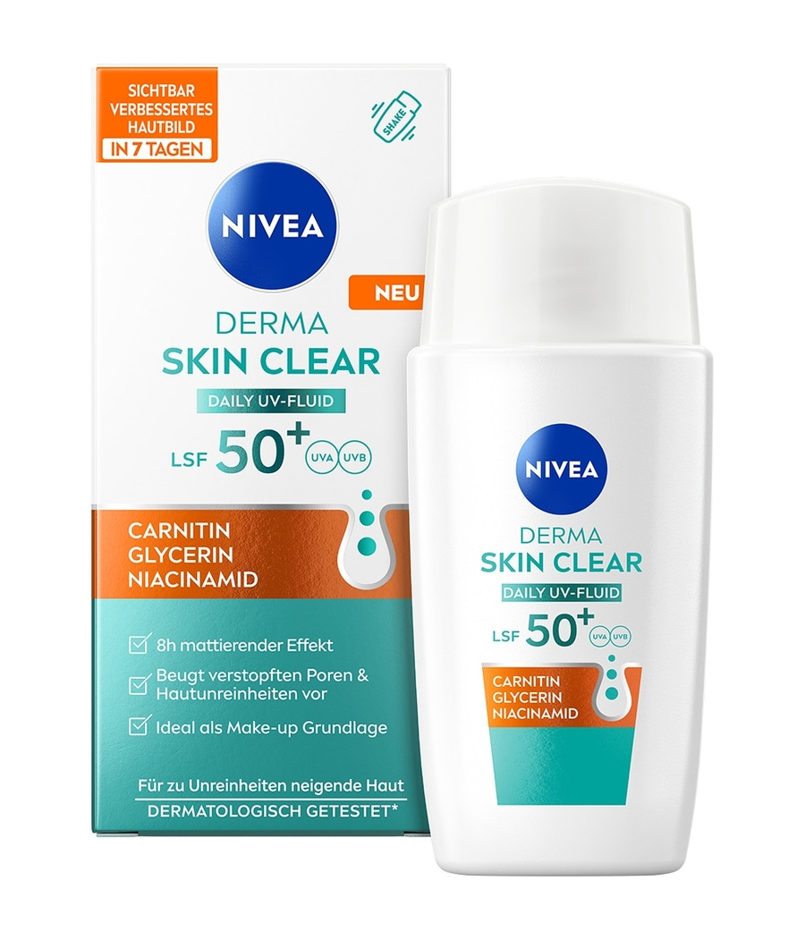 NIVEA DERMA SKIN CLEAR Sonnenschutz mit LSF 50+ und Carnitin.