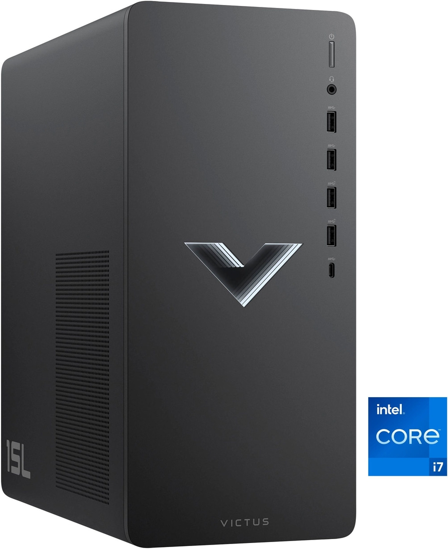 Schwarzer PC-Tower mit Intel Core i7-Logo und Victus-Logo