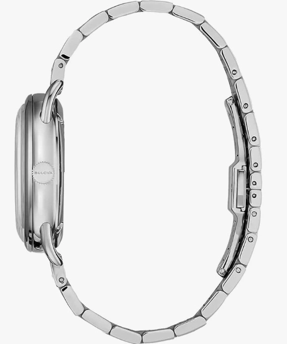 Silberne Bulova-Uhr mit Armband, Seitenansicht, Nahaufnahme, elegant