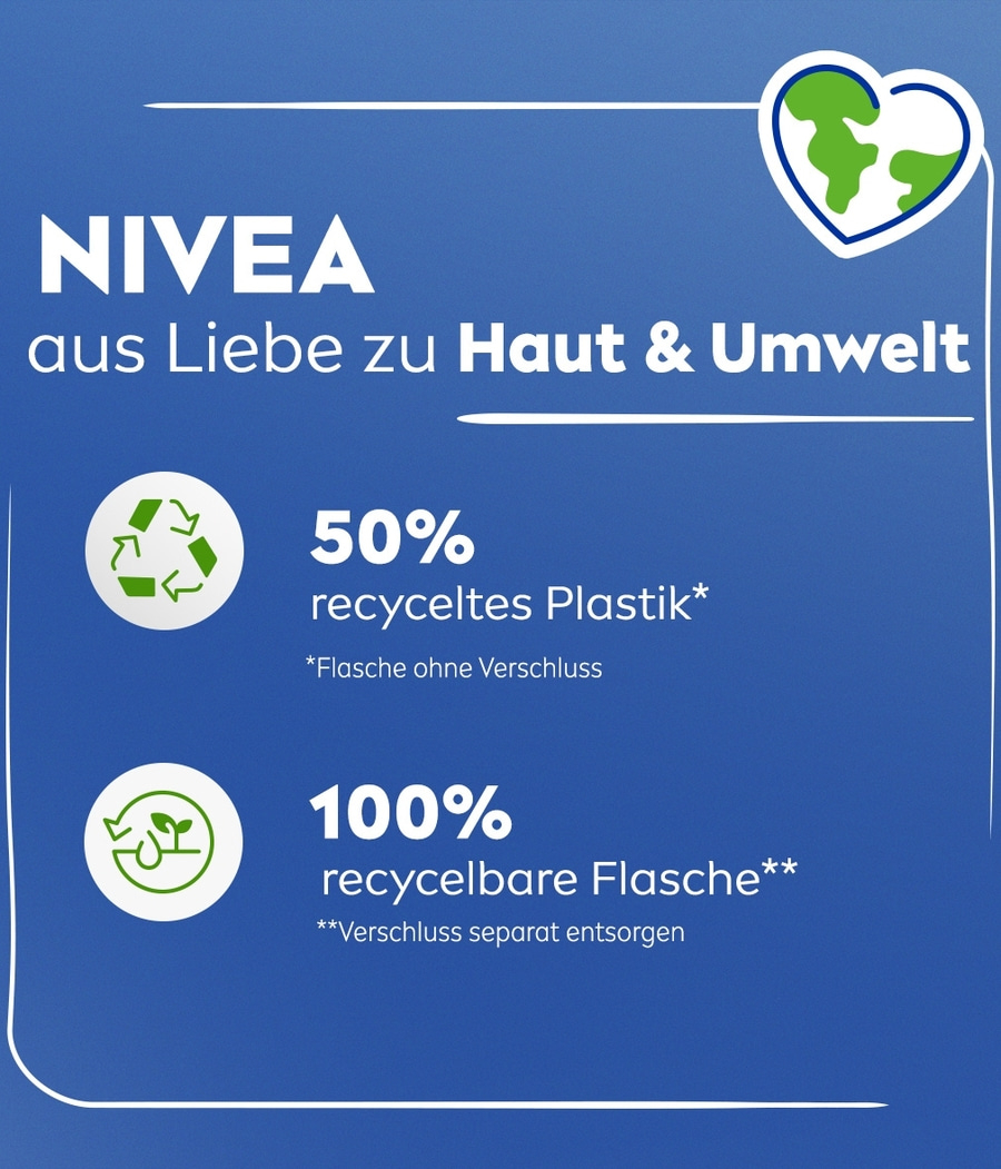 NIVEA: 50% recyceltes Plastik, 100% recycelbare Flasche, aus Liebe zu Haut & Umwelt.