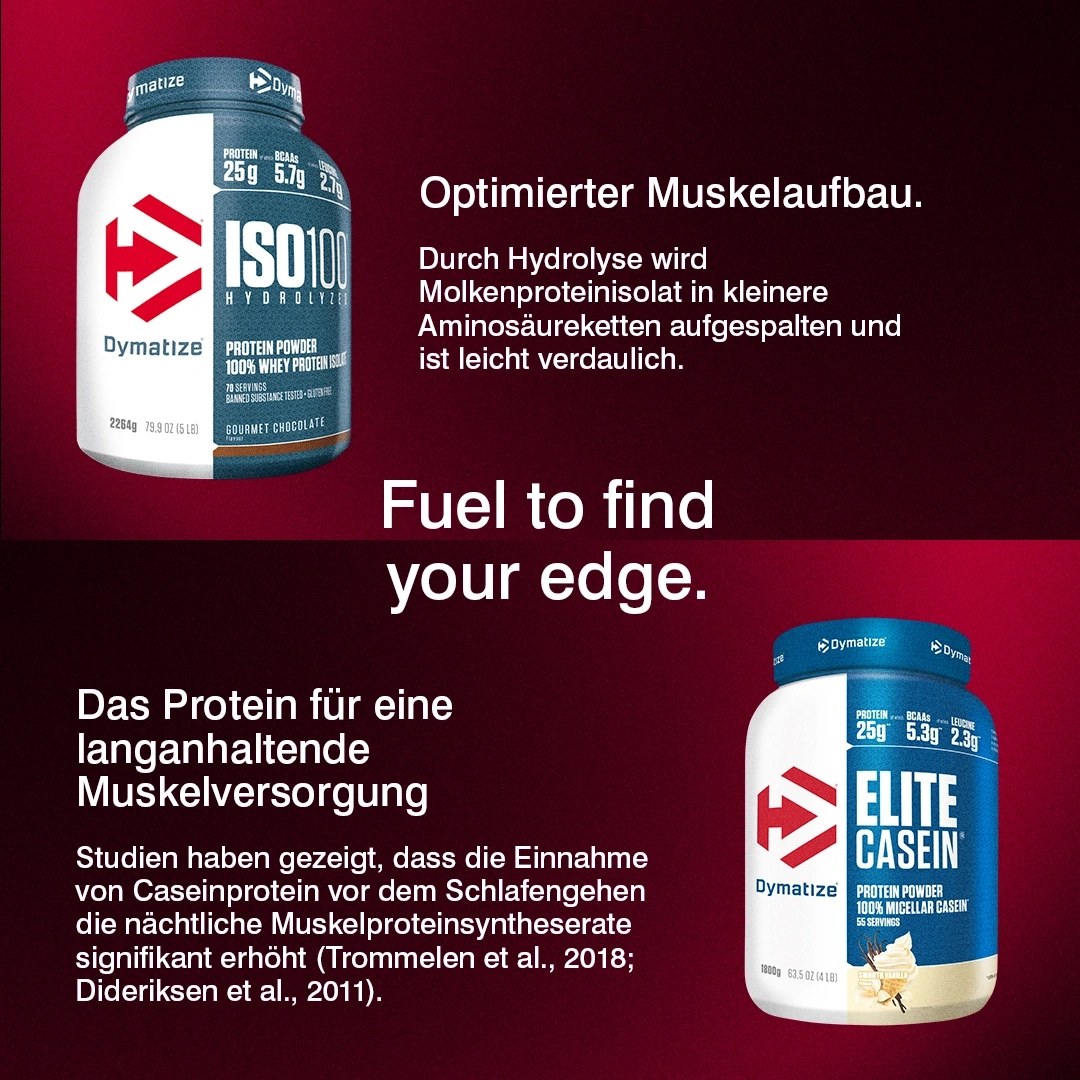 Zwei Dymatize Protein Pulver Dosen, ISO100 und Elite Casein.