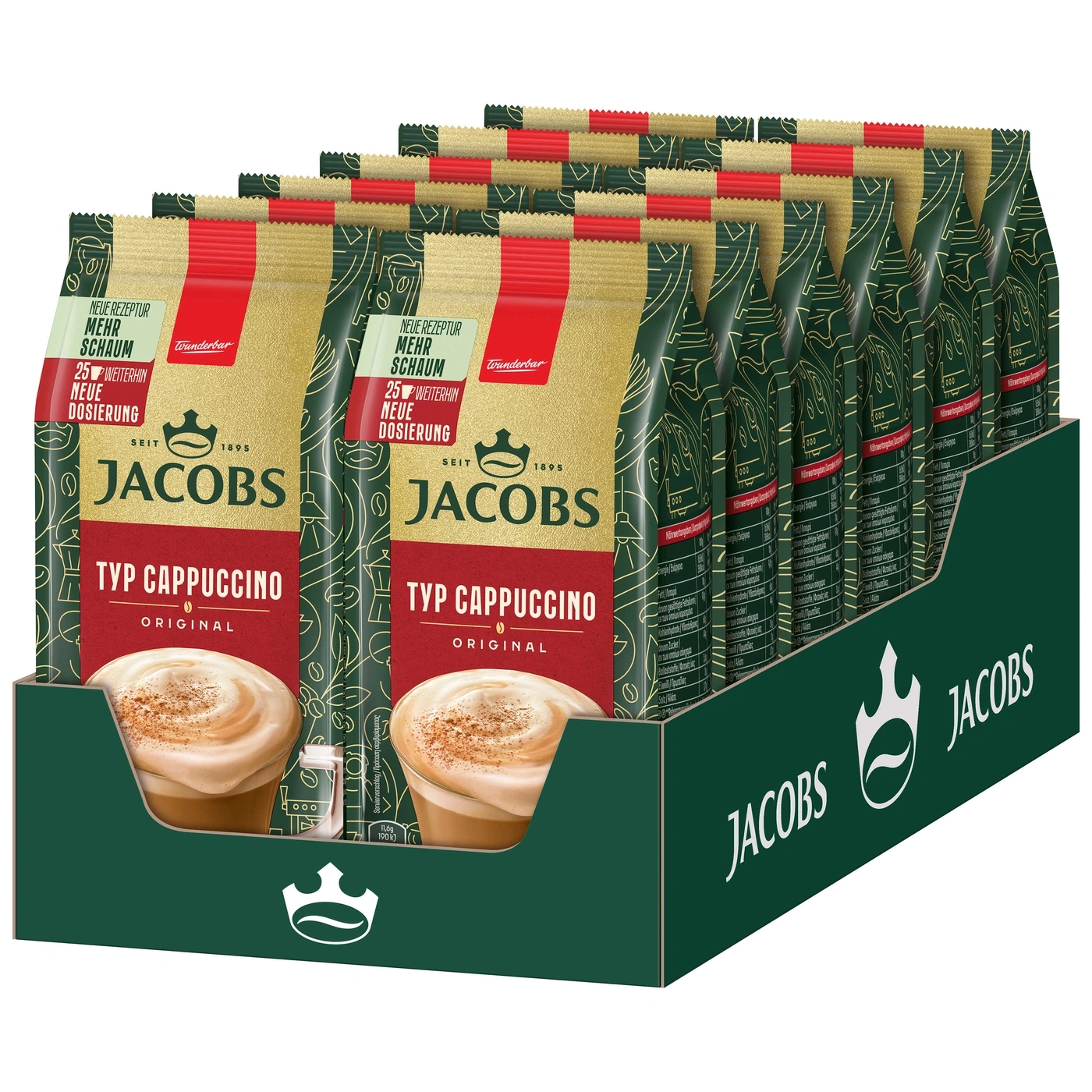Jacobs Typ Cappuccino Packungen in einer Box, mit dem Jacobs Logo.