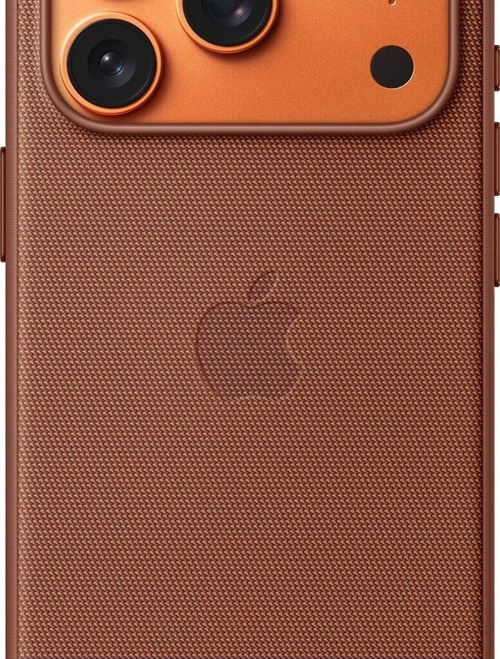 Nahaufnahme des Apple-Logos auf der Rückseite eines braunen iPhones mit Kameramodul.