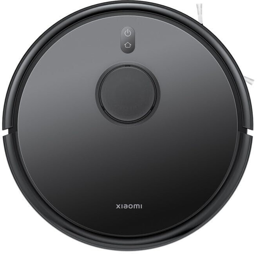 Ein runder, schwarzer Saugroboter von Xiaomi mit Power- und Home-Knopf.