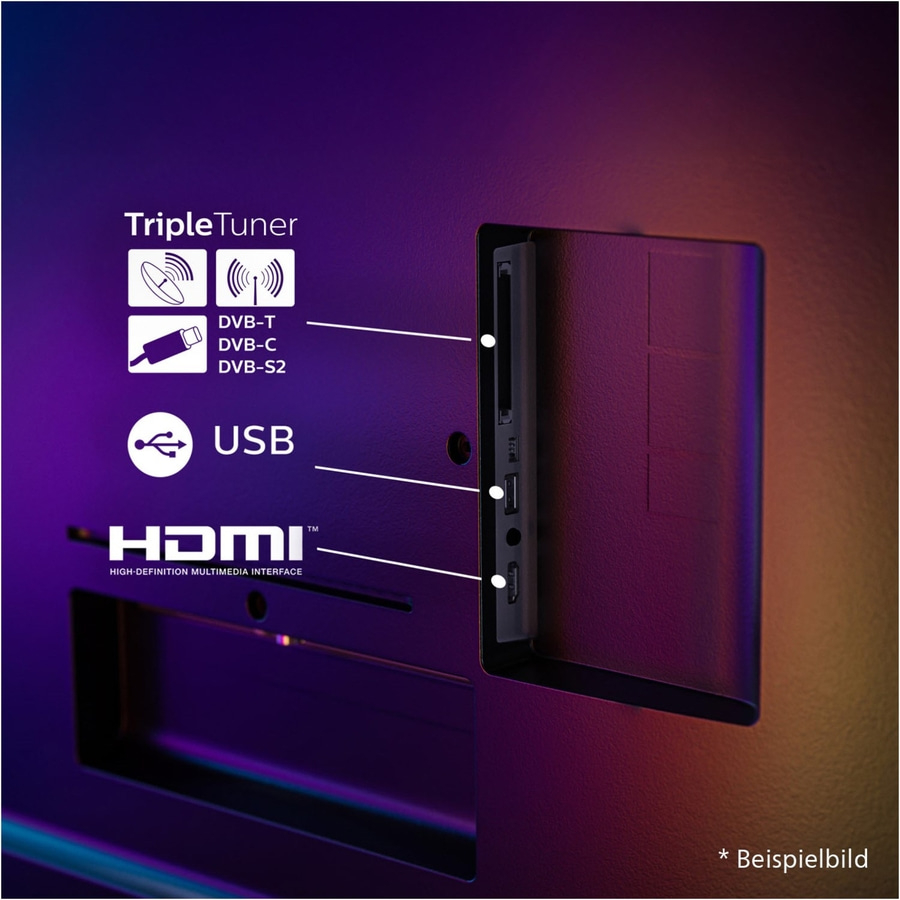 Fernseher mit Anschlüssen für Triple Tuner, USB und HDMI. Beispielbild.