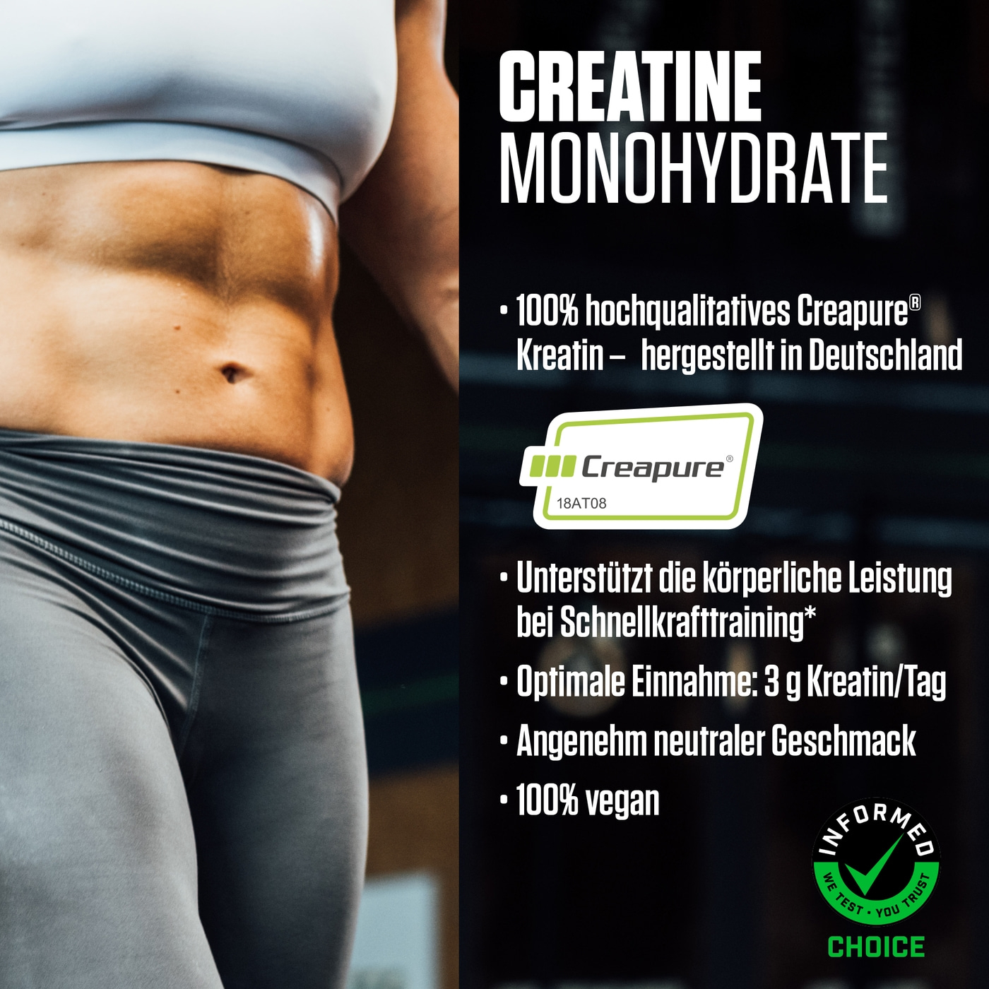 Creatin Monohydrat Produkt mit einer Frau, die trainiert.