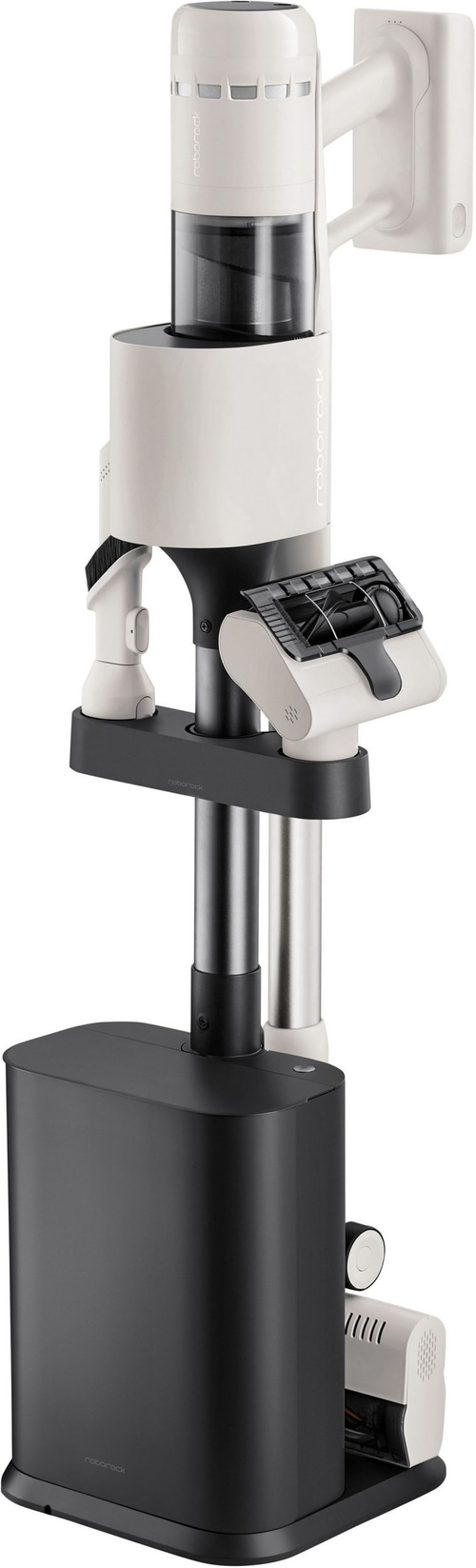 Roborock Staubsauger mit Ladestation und Zubehörhalterung auf weißem Hintergrund.