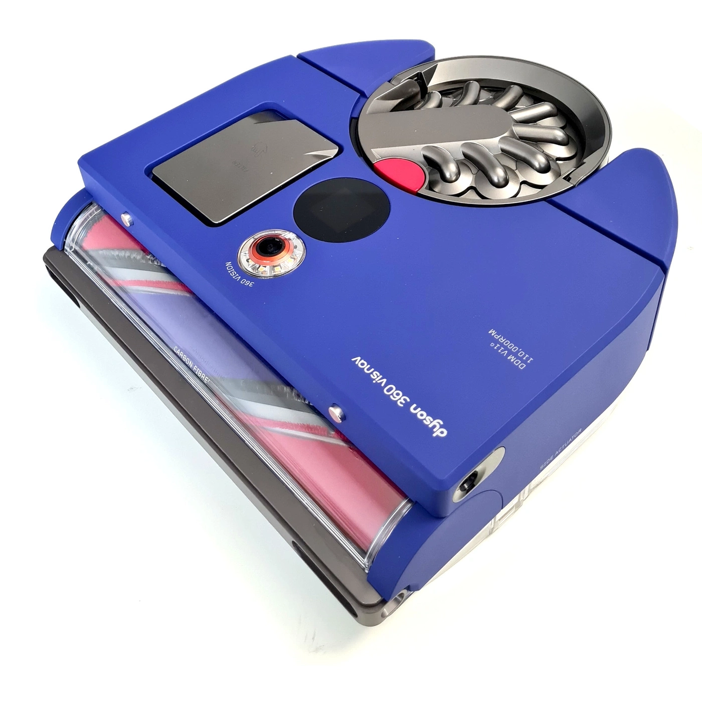 Ein blauer Dyson 360 VisNav Saugroboter mit Bürste und Zyklon-Technologie.
