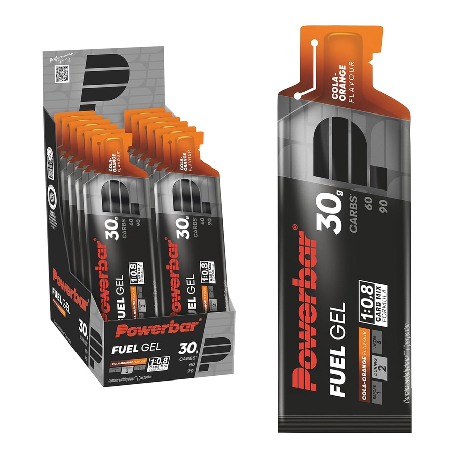 Powerbar Fuel Gel Cola-Orange Geschmack in einem Karton und einzeln verpackt.