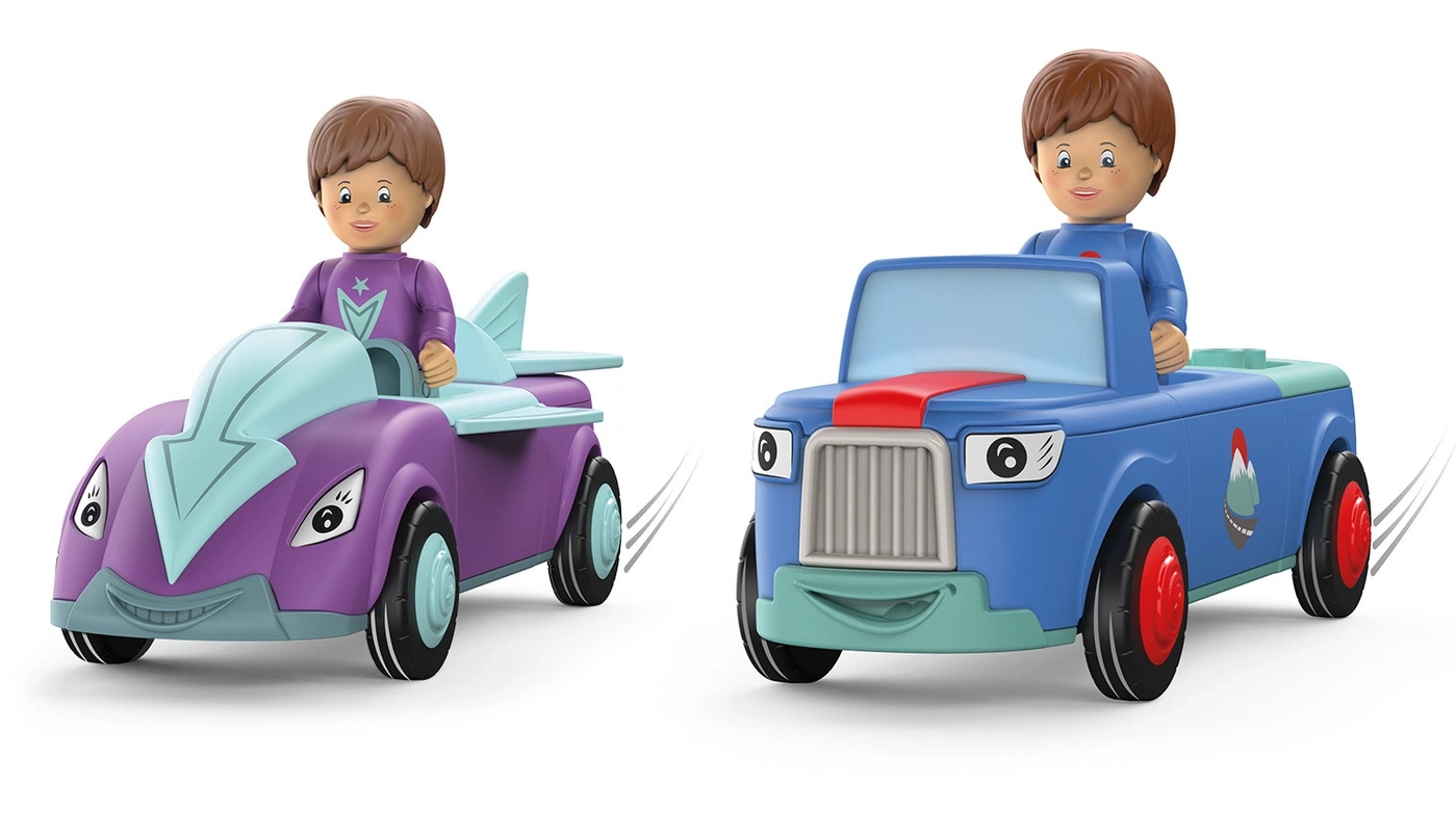 Zwei Spielzeugautos mit Figuren, lila und blau, fröhlich, Kinder, Spielzeug, Spaß