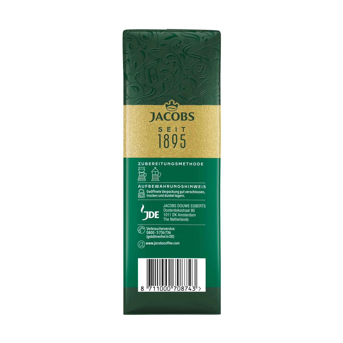 Kaffeeverpackung von Jacobs mit "Seit 1895" und Zubereitungshinweis.