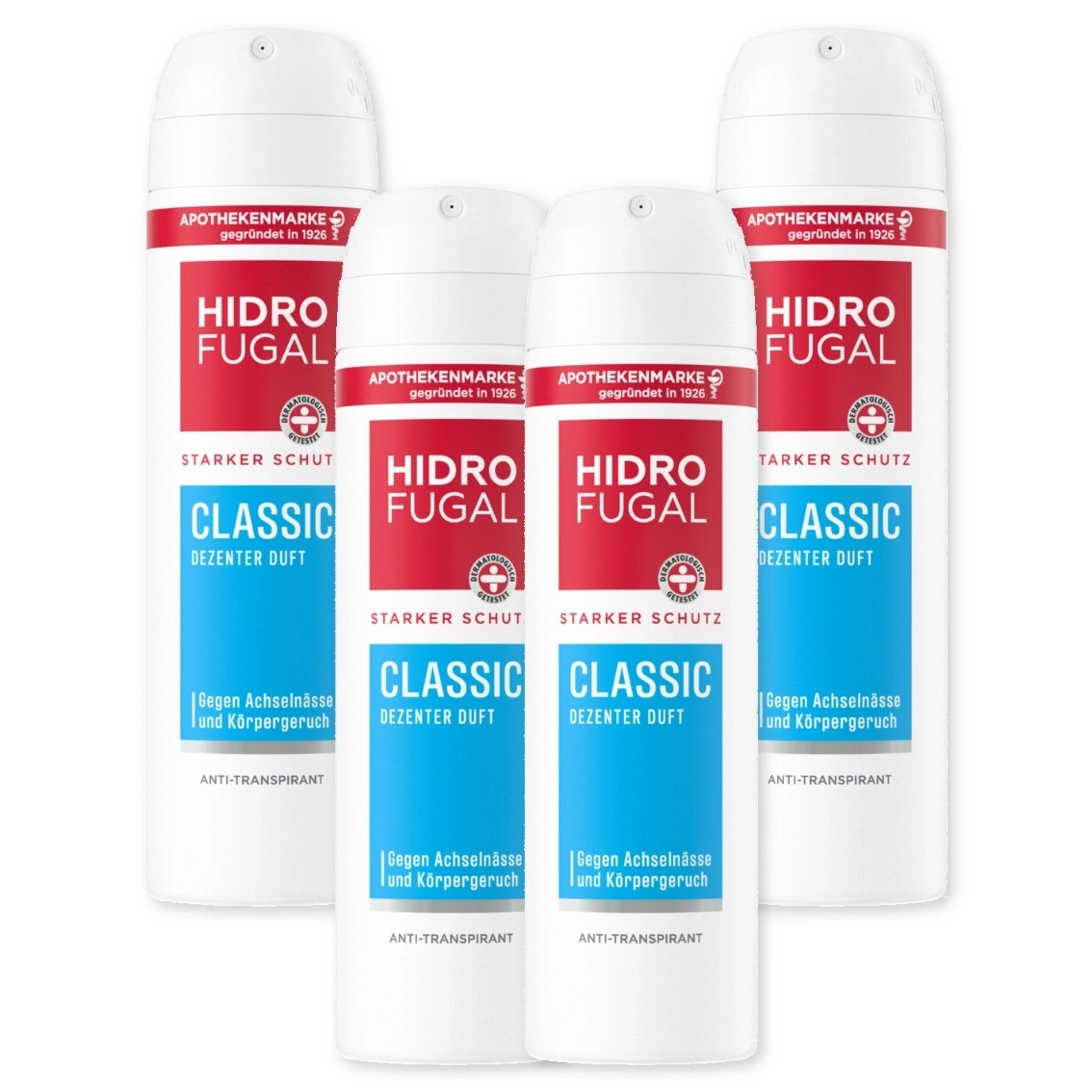 Vier Hidrofugal Classic Deodorant Sprays mit "Dezenter Duft" und "Starker Schutz" Aufschrift.