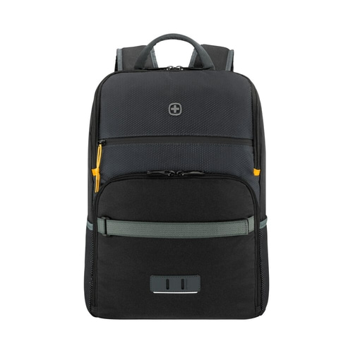 Schwarzer Rucksack mit grauem Akzent und gelben Reißverschlüssen, ideal für den Alltag.