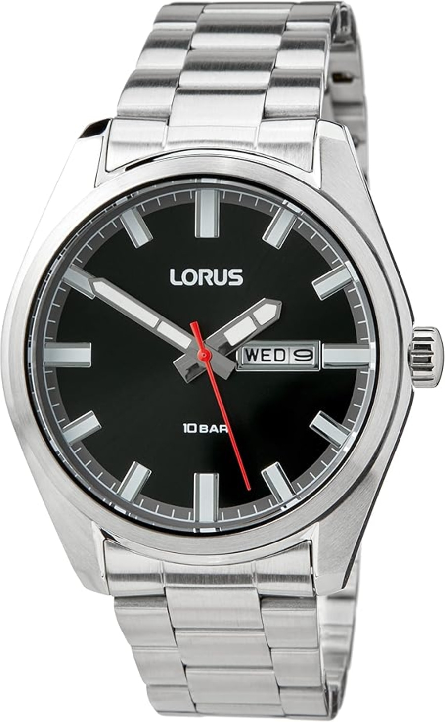 Lorus Uhr, schwarzes Zifferblatt, silbernes Armband, Tag-Datum-Anzeige, 10 Bar
